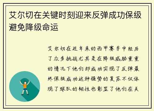 艾尔切在关键时刻迎来反弹成功保级避免降级命运